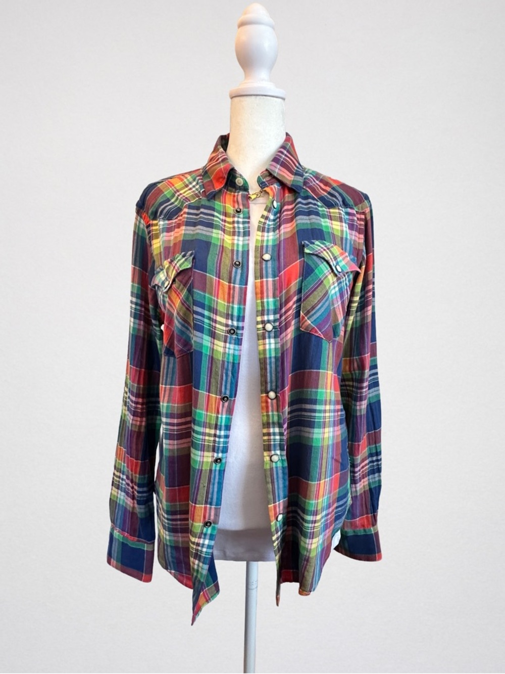 Polo Ralph Lauren Plaid Snap Shirt – Multicolor, Convertible Sleeves, Size M